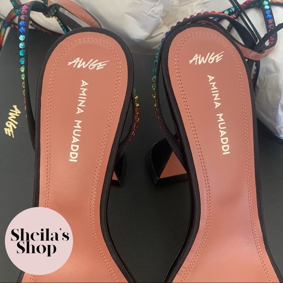 NIB Amina Muaddi x AWGE LSD Rainbow Crystal Satin Gladiator Sandals Size 37 - Picture 7 of 9